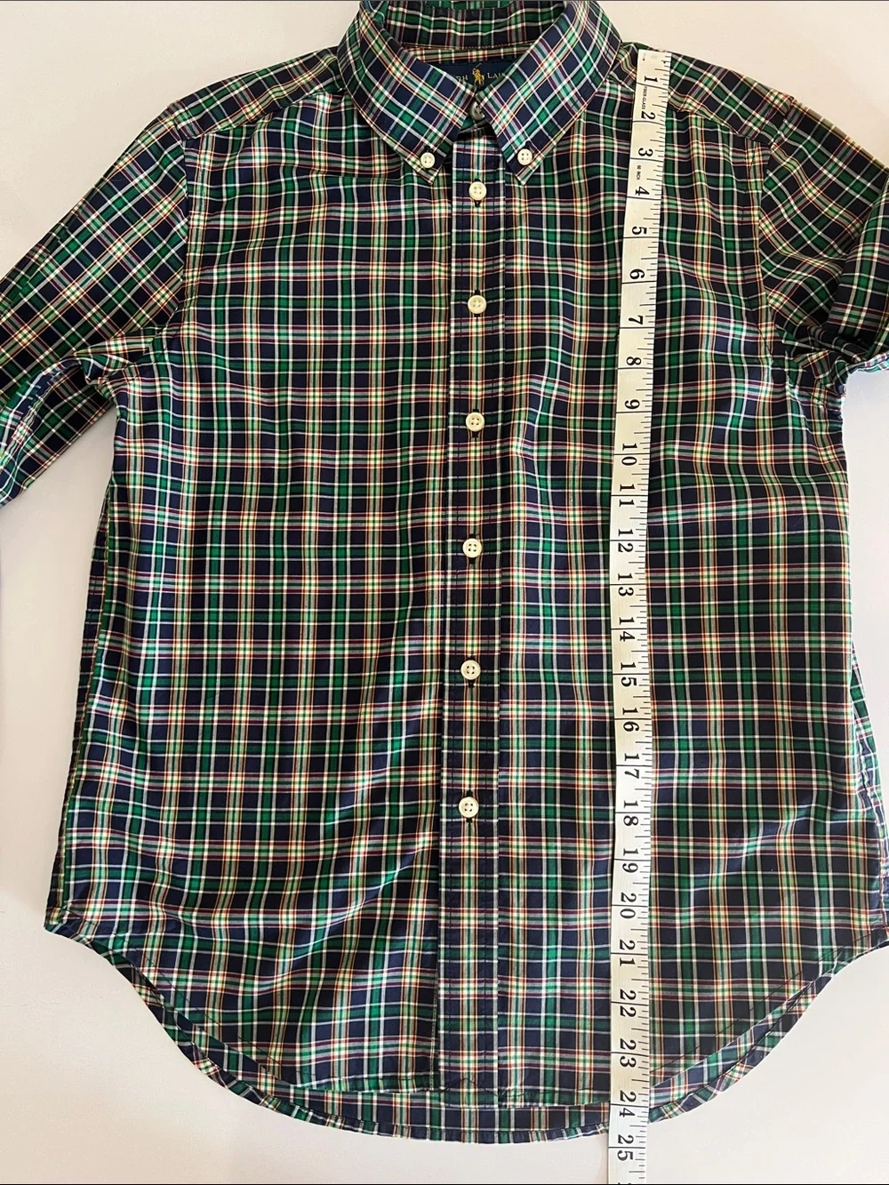 Ralph Lauren Navy and Green Plaid Button-Down Shirt Size:M (10-12)